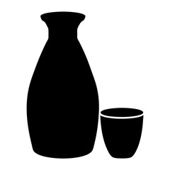sake bottle and cup vector silhouette icon, black and white illustration of drinks.