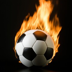 Fototapeta premium Soccer ball engulfed in fiery flames against a black backdrop