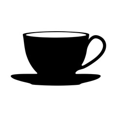 tea cup with saucer vector silhouette icon, black and white illustration of drinks.