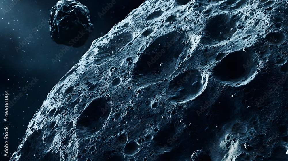 Wall mural asteroid with craters: a close-up of a large asteroid covered in deep craters, drifting silently thr