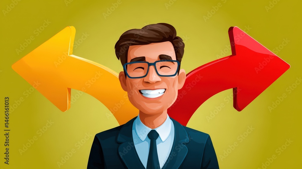 Aufkleber a smiling man in a suit stands between large yellow and red arrows pointing in opposite directions o