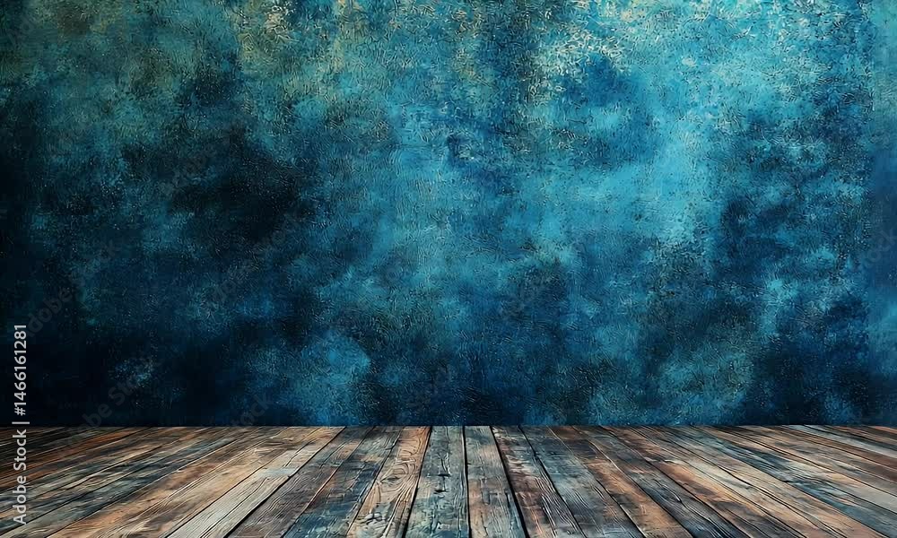 Poster a blue wall with a wooden floor in front of it, creating an empty space for product display or prese