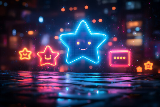 Neon star icons on a digital cityscape background with vibrant glowing lights and reflection - Powered by Adobe