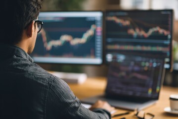 Professional economist managing portfolio investments in stocks analyzing asset diversification strategy business-focused workspace