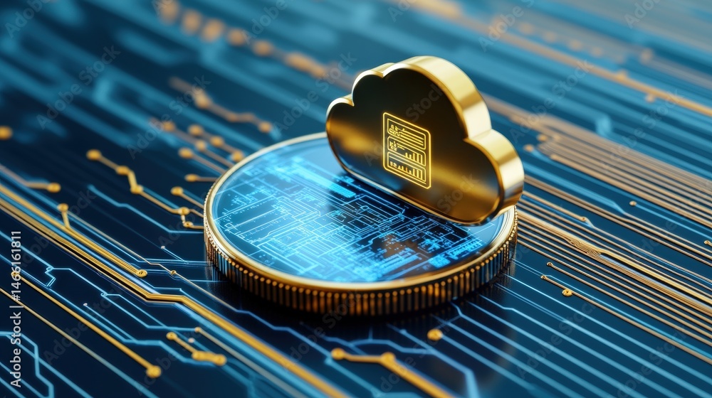 Poster modern digital cloud technology concept with secure data transfer represented by a glowing cloud ico