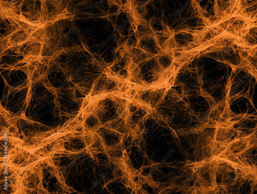 Poster abstract orange fibers on a dark background representing intricate network patterns in nature