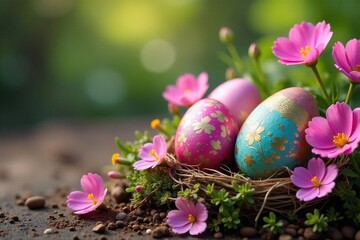 Decorated eggs nestled amongst blooming flowers, pretty, surprise, delight