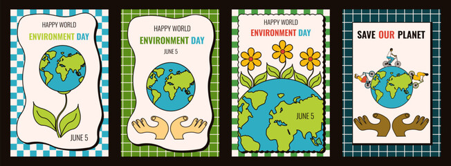 Environment day vector illustration. Set world Environment day poster cover. Modern background with planet of earth and holiday text. EPS 10
