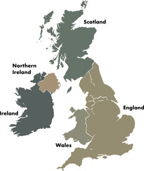 Vector map of the United Kingdom with labeled regions: Scotland, England, Wales, Northern Ireland, and Ireland. Flat silhouette illustration of Great Britain and Ireland