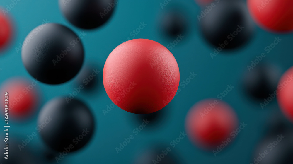 Poster abstract scene with floating red and black spheres on a turquoise background