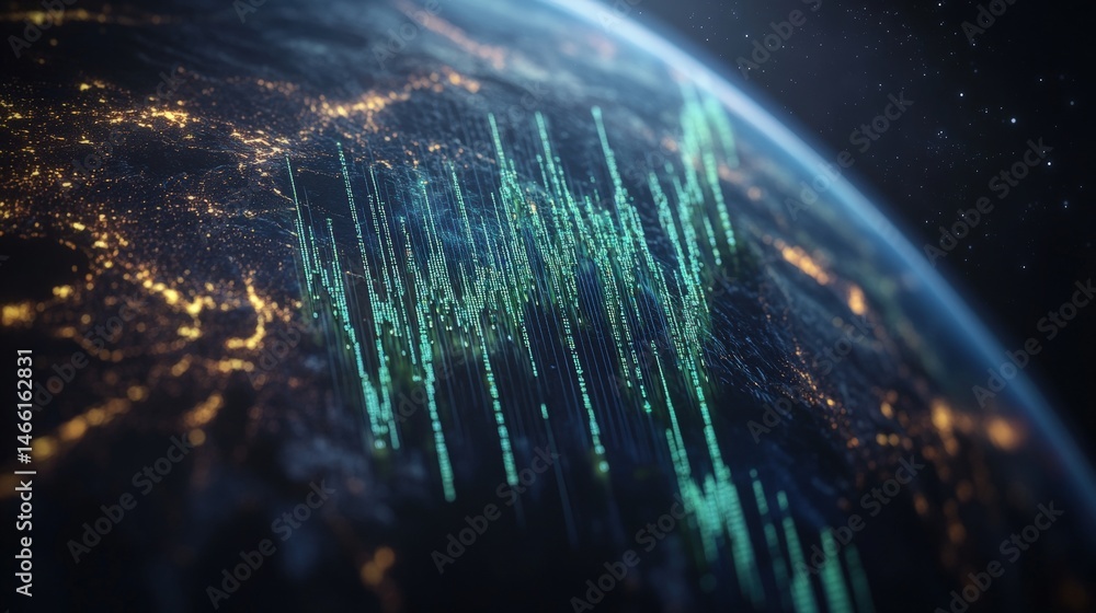 Poster digital earth globe showing data streams and connectivity with city lights from space in a high-reso