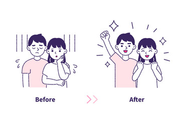 困り顔から笑顔になる男女セット（笑顔・泣き顔・成功・失敗）