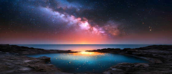 Night Sky Over Calm Ocean Sunset Seashore