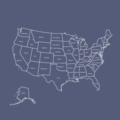 United States Map with State Borders and Labels on Blue Background