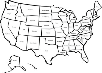 Black and White Outline Map of the United States with State Names