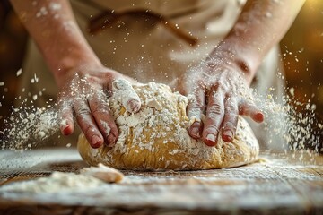 Hands kneading dough covered with flour on a wooden surface baking concept