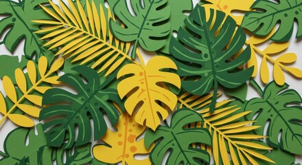 Vibrant Green and Yellow Paper Tropical Leaves Flat Lay