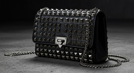 Edgy Black Leather Studded Bag with Silver Pyramid Studs and Chain Strap on Urban Concrete