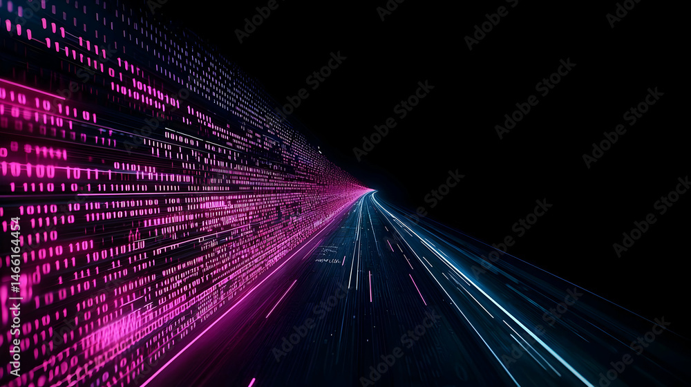 Poster abstract futuristic digital tunnel with glowing binary code