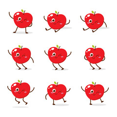 Cute Smiling Red Apple Character. Kawaii Red Fruit Mascot Style Vector. Cute vector character set in various action emotions. Collection symbols isolated on a white background