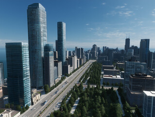 Obraz premium Aerial view of modern city with skyscrapers and tree-lined boulevard