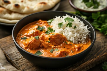Delicious chicken curry served with fluffy rice naan bread and fresh cilantro