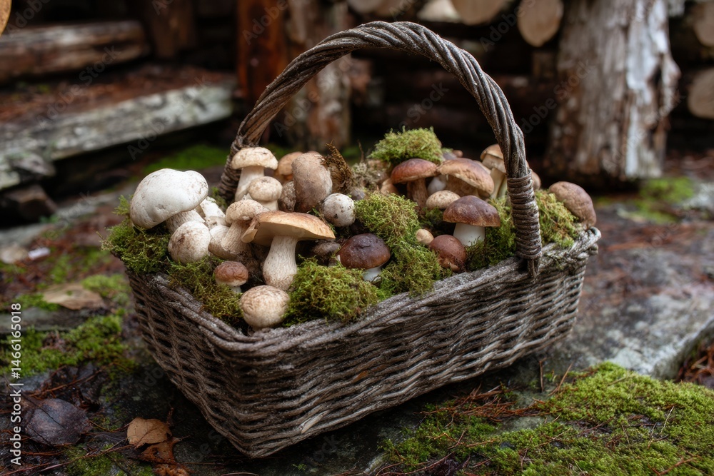Poster rustic basket filled with various mushrooms, moss, and soil on a forest floor in a serene outdoor se