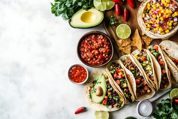 Overhead of Mexican Tacos with Salsa, Corn, Chips, Avocado, and Limes on White