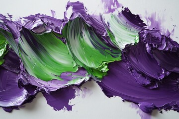 Obraz premium Abstract paint strokes of vibrant purple, green, and white hues.