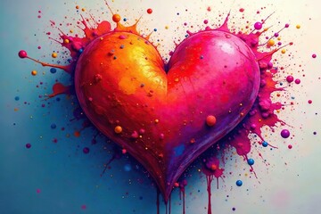 Abstract heart shapes, vibrant colors, paint splatters, masterpiece, emotion, passionate