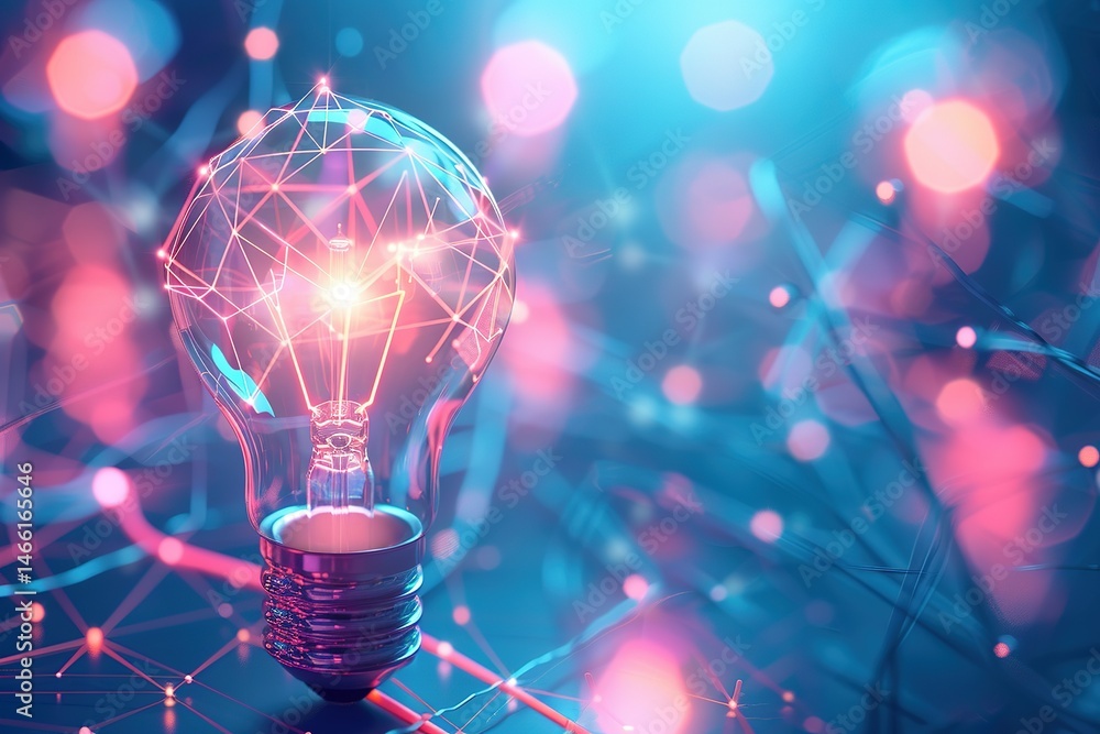 Poster illuminated bulb with interconnected digital nodes symbolizes innovation and creativity
