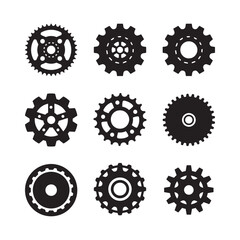 Set of Black Gear Icons on White Background for Engineering, Industrial Design, Mechanical System Concepts