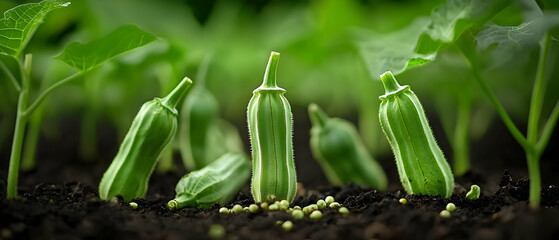 Obraz premium Closeup Of Okra Seedlings Growing In Soil