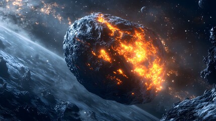 Glowing Asteroid: A large asteroid with a glowing, molten core, drifting through the cold darkness of space.
