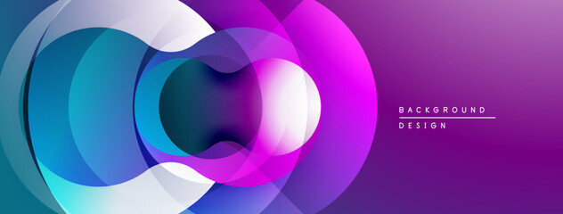 Abstract composition. Overlapping circles create dynamic gradient effect. Purple, blue, white hues blend seamlessly. Modern design element.