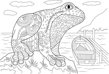 Zentangle Frog by the River: Relaxing Coloring Page, Detailed line art illustration of a large frog with intricate zentangle patterns, sitting peacefully on the riverbank next to a wooden dock with 
