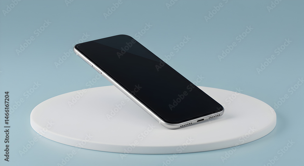 Poster modern black screen smartphone resting on white circular platform with soft blue gradient background