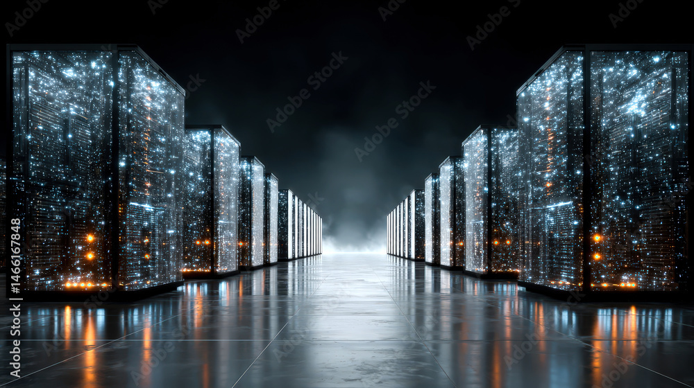 Poster a futuristic data center with rows of illuminated server racks and a reflective floor, emitting a hi