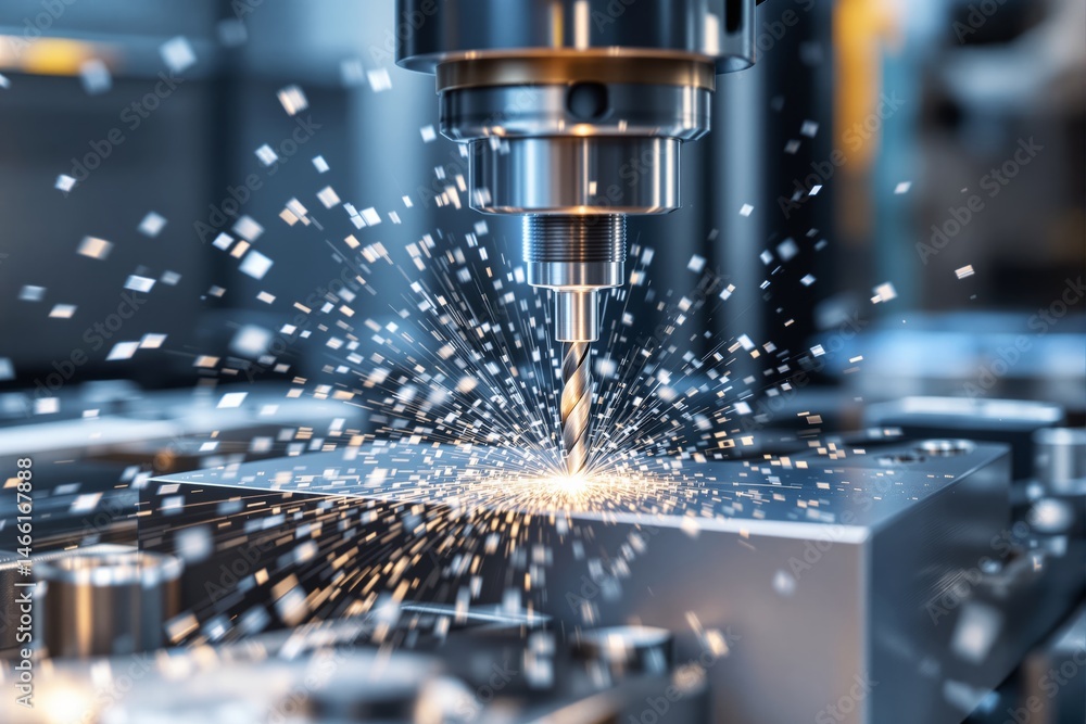 Poster cnc machine drilling metal with sparks in industrial background.