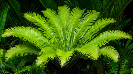 Vibrant Green Fern Plant Detail In Dark Background