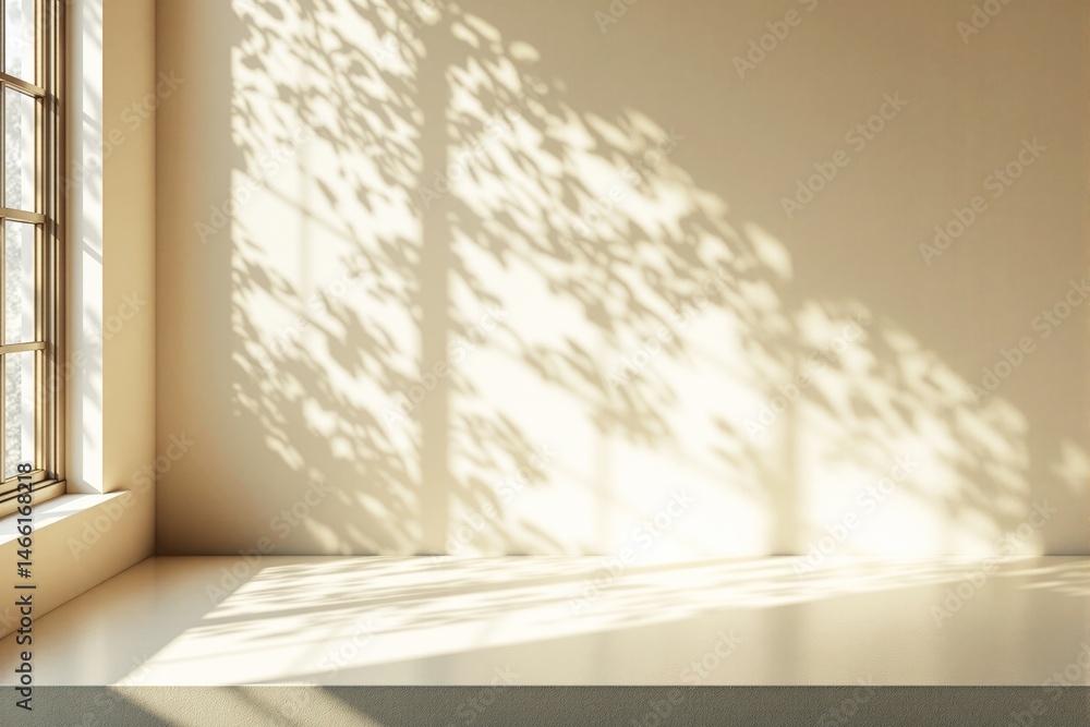 Poster Sunlit empty windowsill casting soft shadows on a beige wall.
