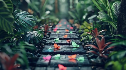 A vibrant path winds through a lush jungle garden.  Colorful butterflies rest on the stones