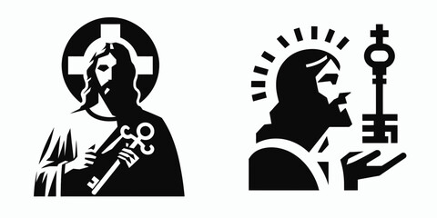 The Jesus Holding a Key. Christian Art Nativity Crucifix Divine Salvation. Savior with opener access spiritual gateway christianity doctrine concept.