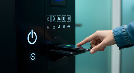Person Inserting Smartphone Into Black Kiosk with Glowing Icons Against Softly Blurred Light Blue Background