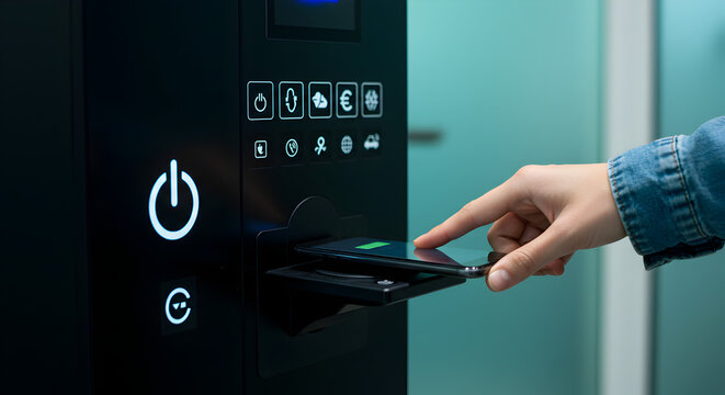Person Inserting Smartphone Into Black Kiosk with Glowing Icons Against Softly Blurred Light Blue Background