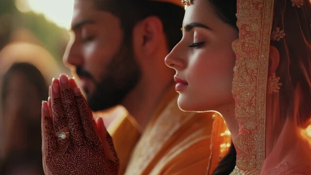 A man and woman are praying together. The woman is wearing a gold and orange dress. The man is wearing a yellow shirt