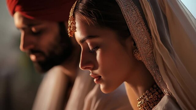 A man and woman are praying together. The woman is wearing a gold and orange dress. The man is wearing a yellow shirt