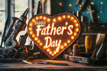 Father's Day. A sign with glowing text Happy Father's Day is surrounded by tools