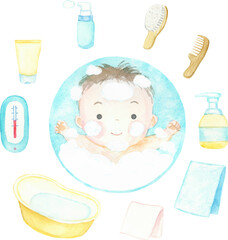 水彩で描いた赤ちゃんおふろ沐浴セット