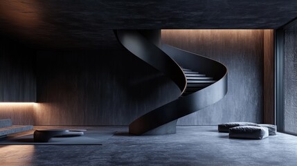 Modern, dark interior with a spiral staircase